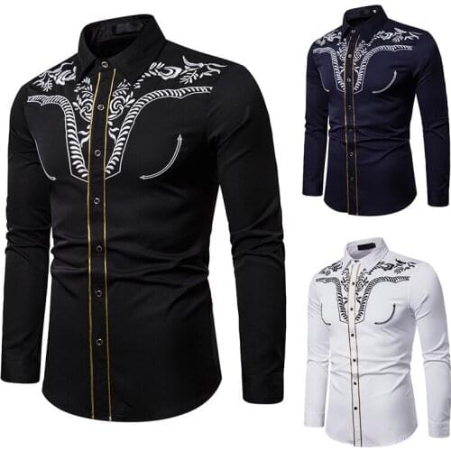 Mens new fashion personality leisure business long sleeve creative embroidery flower shirt wedding best man men shirt joker