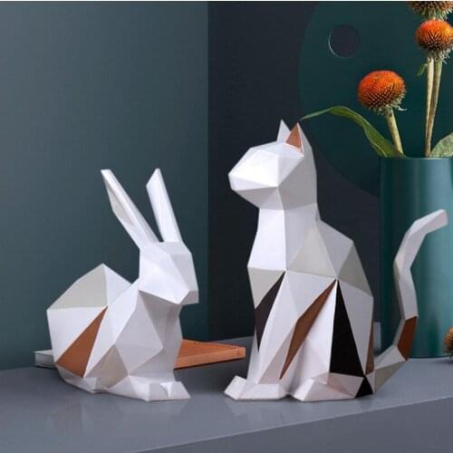 Nordic Geometry Cat Rabbit Resin Ornaments Crafts Home Livingroom Table Animal Figurines Furnishing Decoration Office Sculptures