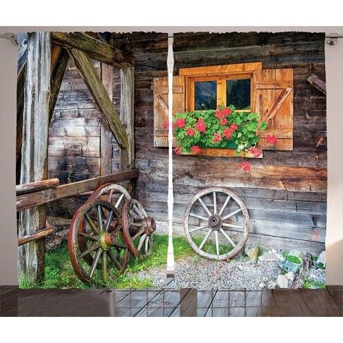 Shutters Decor Curtains Weathered Old Window with Flowers in Pot Wheels Farmhouse Rural Scene Front View Living Room Bedroom