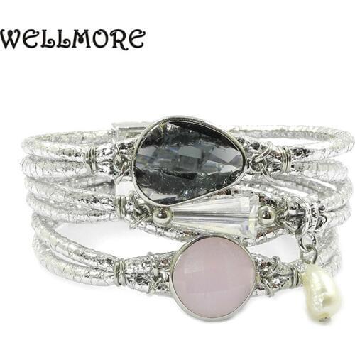 WELLMORE Leather bracelet crystal,Freshwater pearl Bohemian charm bracelets for women jewelry wholesale dropshipping