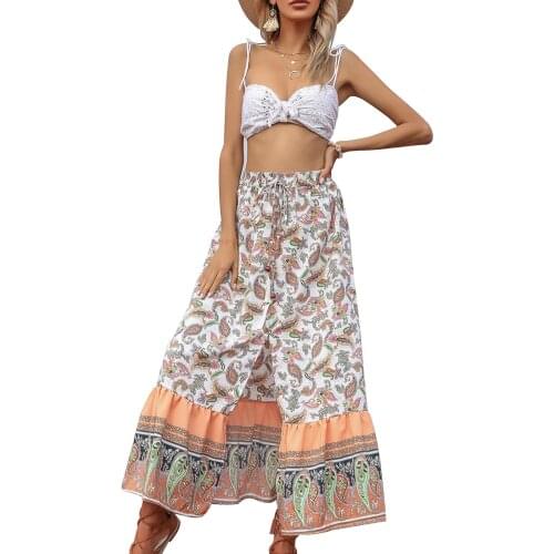 Female Fashion Split Skirt Adults Floral Print High Waist Long Skirt with Drawstring for Summer Autumn S/M/L/XL