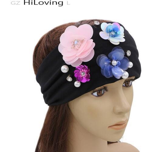 GZHilovingL New Summer Wide Turban Headband Womens Girls Ladies Polyester Pearl Diamond Flower Headbands Cotton Hair Accessories
