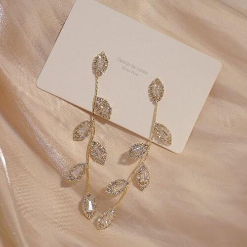 New Fashion Jewelry S925 Silver Needle 14k Real Gold Plated Exquisite Micro-inlaid Zircon Long Tassel Leaf Earrings for Woman