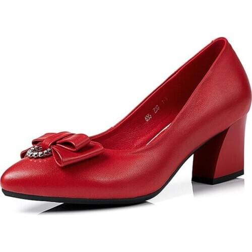 Hot 2020 New Spring Elegant Temperament Pointed Shoes Charm Women High Heel Shoes Fashion Bow Rhinestone Genuine Leather Shoes