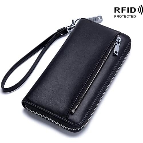 RFID Blocking Women Leather Wallet 2021 Long Zipper Lady Purse Clutch Wristlet Cowhide Wallet Female Phone Purse Coin Pocket
