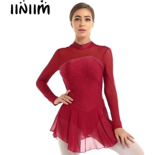 Iiniim Womens Adults Shiny Mesh Keyhole Back Figure Ice Skating Dress Tutu Ballroom Sports Ballet Dance Gymnastics Leotard Dress