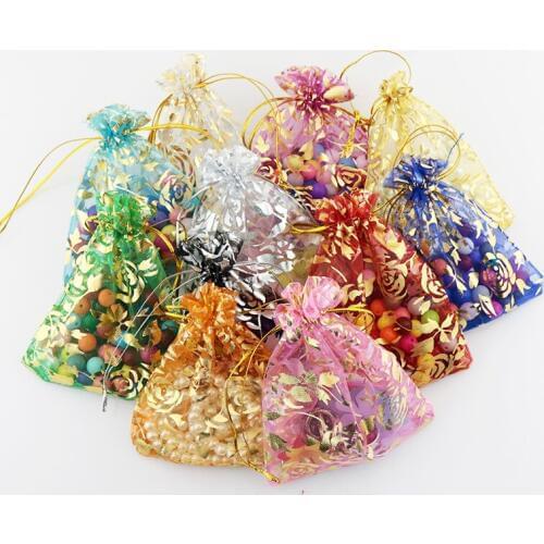 200pcs/lot Wholesle New Random Mixed Color Drawstring Organza Pouch Gold Rose Print Gift Bags Fit Wedding Party 70*90mm