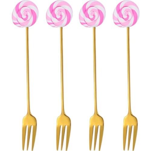 4PCS Cute Stainless Steel Spoon Fork Set Cute Lollipop Ice Cream Fruit Coffee Stirring Spoon Teaspoon For Dessert Cake Tableware