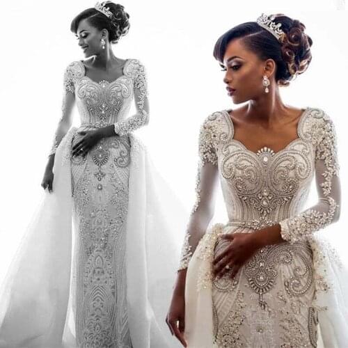 African Lace Mermaid Wedding Dress 2021 Long Sleeves Scoop Neck Beaded Crystals Over Skirts Court Train Wedding Bridal Gown
