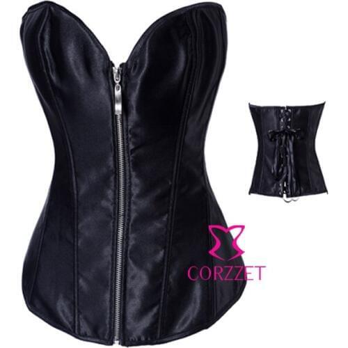 Zip Front Satin Bustier Top Black Corset Corselet Overbust Gaine Amincissante Sexy Corpete E Corseletes Espartilhos