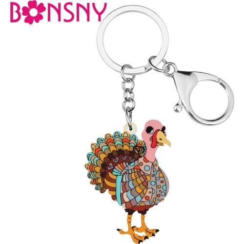 BONSNY Acrylic Thanksgiving Floral Turkey Chicken Keychains Ring Novelty Jewelry For Women Girls Purse Bag Car Key Chain