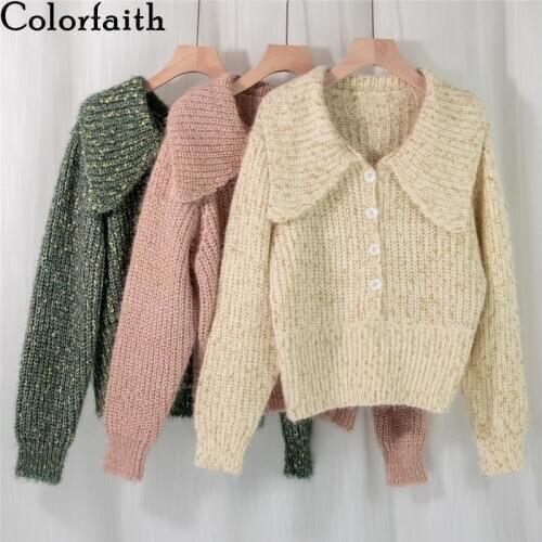 Colorfaith New 2020 Autumn Winter Womens Knitwear Turn-down Collar Buttons Sweater Korean Vintage Knitted Lady Tops SW1175JX