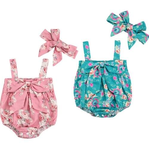 Emmababy Baby Girls Clothes 2Pcs Summer Outfits Cute Floral Print Sleeveless Bow Front Strap Rompers with Headband Set