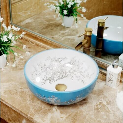 Europe style purple pianting chinese washbasin sink Jingdezhen Art Counter Top ceramic wash basin bathroom sink