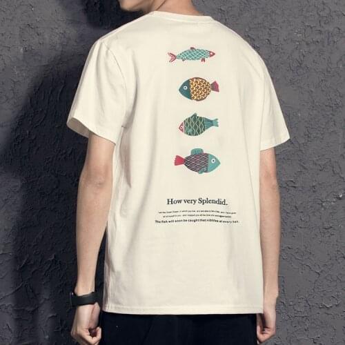 Hong Kong tide brand buy Japanese retro fun fish printed T shirt 2021 couples summer wear Korean version of the tide short sleev