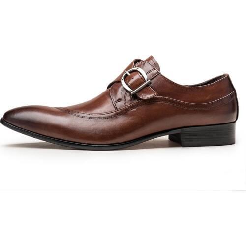 Italian Fashion Men Black Brown Dress Shoes Genuine Leather Slip On Man Formal Suit Footwear With Buckle Business Office Shoes