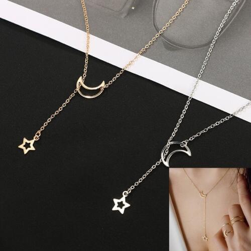 Dainty Moon Stars Lariat Y Simple Necklace Bridesmaid Gift, Minimalist Jewelry, Gift For Her
