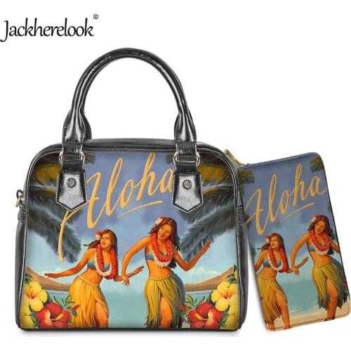 Jackherelook Hawaii Aloha Hibiscus Design Handbag Wallet 2pcs/Set for Women Luxury PU Cross Body Bag Messenger Bag for Ladies