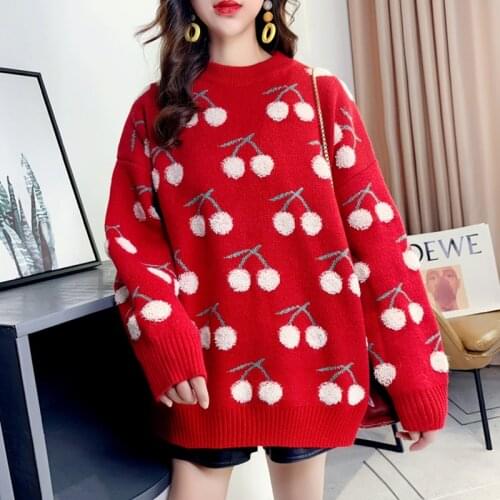 Red Sweaters Womens O-neck Pullovers Cherry Sweaters Chirstmas Sweaters Fall Winter Outerwear swete Girls Lazy Loose Pullovers