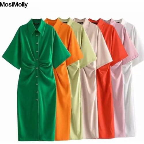 MosiMolly 2021 Summer Button Front Shirt Dress Women Elegant Split Midi Dress Female Vestidos