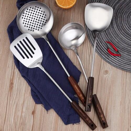 304 Stainless Steel Kitchenware Solid Wood Handle Frying Spatula Soup Spoon Cookware Sets Home Cooking Kitchen Tools Supplies