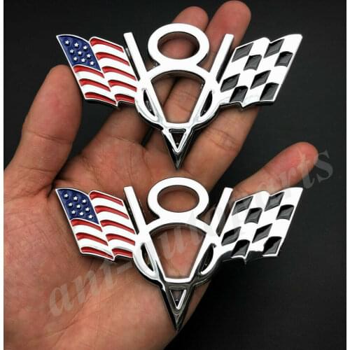 2pcs Metal Chrome Car V8 Vintage Logo USA Flag Trunk Emblem Badge Decals Sticker