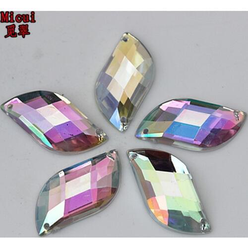 Micui 50PCS 12*26mm AB S shape Acrylic Rhinestones Crystal Flat Back Beads Sew On 2 Holes For Clothing Craft Decoration ZZ387