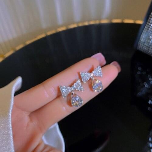 White Zircon Cute Bridal Wedding Earrings Luxury Crystal Stone Bowknot Earrings Charm Gold Silver Color Stud Earrings For Women