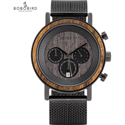 BOBO BIRD Chronograph Wristwatch Auto Date Display Wood Watch with Custom Logo часы мужские наручные