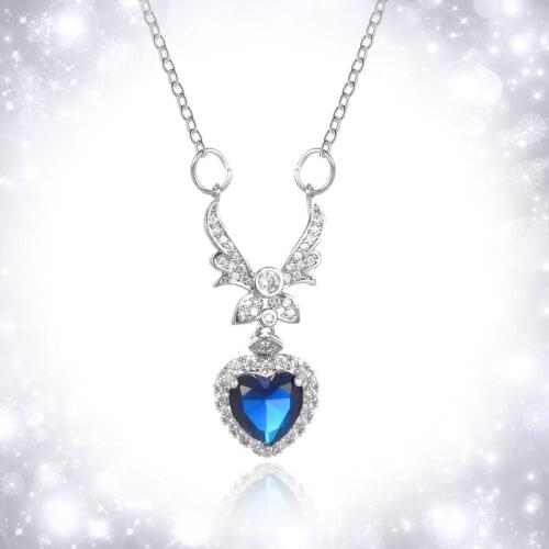 Wholesale 2 Angel Wings Blue Heart Zircon Pendant Shiny Crystal Zircon Necklace Clavicle Chain Ladies Fashion Jewelry Gift