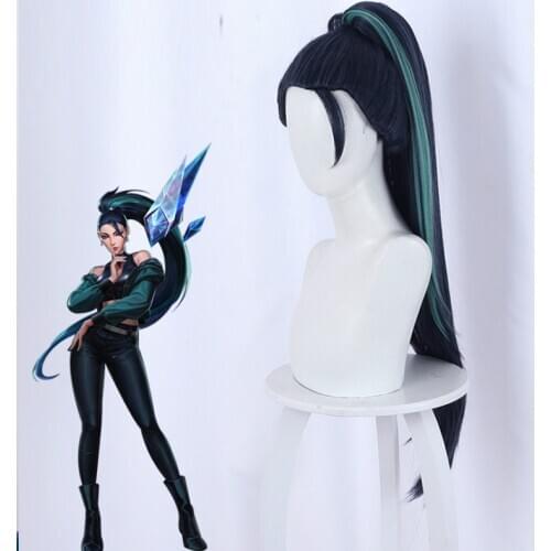 Game LoL KDA Kaisa Cosplay Wig Long Ponytail Navy Blue Mixed Green Wigs League Of Legends Cosplay Halloween Wig For Women CS424
