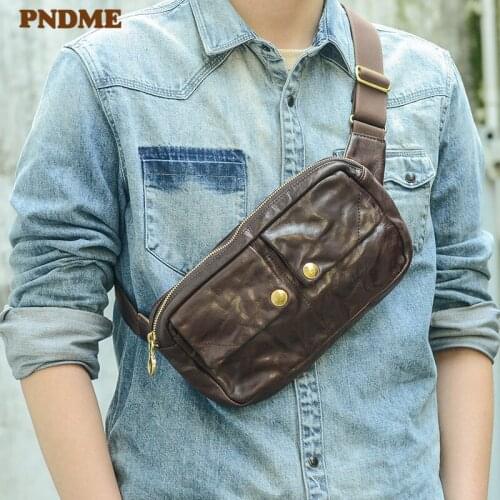 Retro casual genuine leather men small chest bag fashion daily light luxury natural real cowhide waist pack sports messenger bag