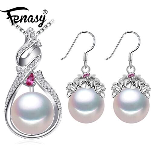 FENASY 925 Sterling Silver Jewelry Sets Natural Pearl Earrings Bohemian Flower Stud Earrings Ruby Pendant Necklaces For Women