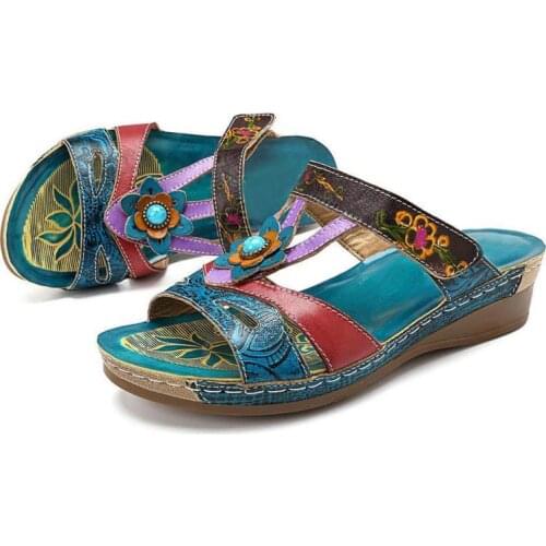 YourSeason Hand Painted Women Genuine Leather Slippers Summer 2021 New Slides Flat With Sewing Female Retro Shoes