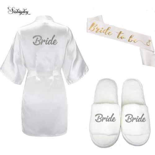 Sisbigdey 3pc set of bride satin robe slippers bridal sash peignoir women Bridal Party sparkle glitter sliver dressing gown