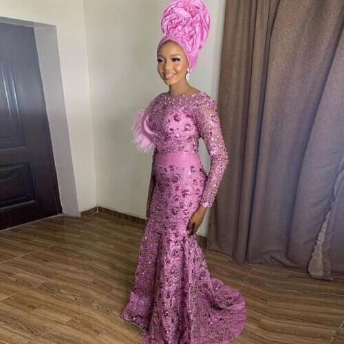 Light Purple Lace Mermaid Evening Gowns African Aso Ebi Sheer Long Sleeves Prom Dresses Feather Appliques Robe Vestidos