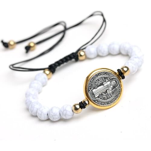 Vintage Saint Benedict Medal Cross Charm Gold/Silver Color Religious Weave Bracelet Catholic Medals Bracelet Pulsera Catolica