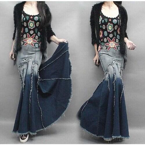 Womens european fashion gradient color fish tail denim skirt female high waist casual trumpet mermaid long skirt TB898