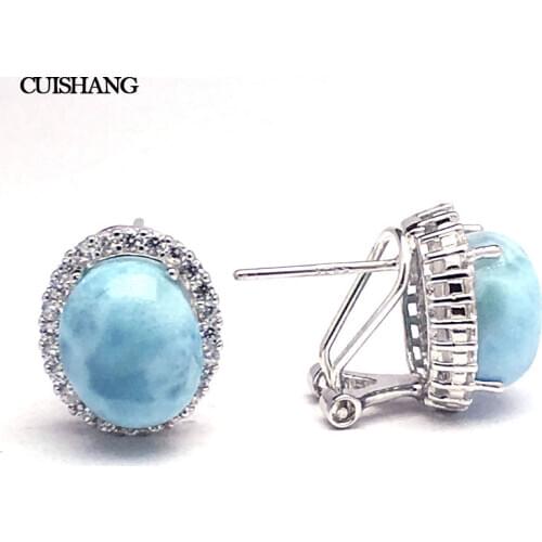 CSJ Natural Blue Larimar Earring Sterling 925 Silver Big Stone 10*12 Wedding Engagement Party for Women Ladies Girls Gift
