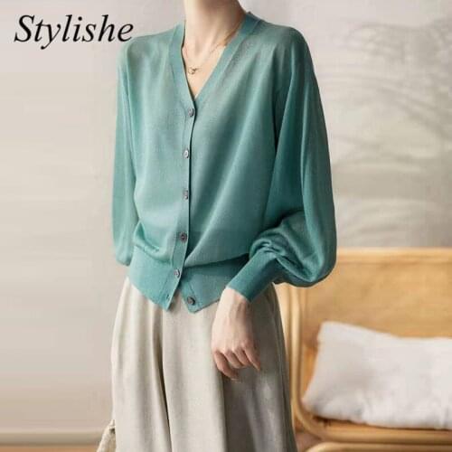 Summer Short Cardigan Women Green Knit Sheer Top Elegant Navy Blue V Neck Lantern Long Sleeves Tops Female Cardigans Outerwear