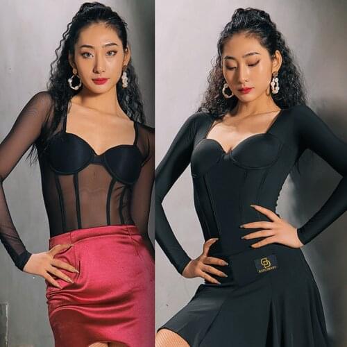 Latin Dance Costume Women Adult Practice Tops Leopard Print Long Sleeve Latin Tops Samba Rumba Salsa Shirt Latin Leotards BL5121