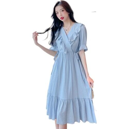 Bow Sweet Ruffle Chiffon Dress 2021 Women Casual V Neck Short sleeve slim Elegant Maiden Summer Vestidos