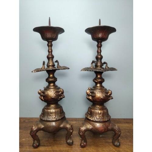 16"Tibet Buddhism Old Bronze Lacquer Cinnabar trunk Three-legged wax table Red-crowned crane candlestick A pair Town House