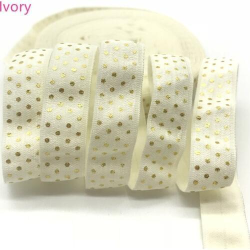 5Yards 5/8 Gold Dots printed Ivory Fold Over Elastic FOE Headband elastic, satin elastic, wholesale elastic