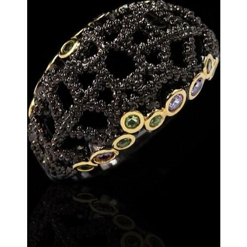 925 Silver High Quality Black Nano Zircon Black Gold Plated Hollow Ring Popular Fashion Wedding Engagement Jewelry Gift