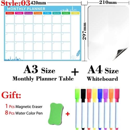 A3+A4 Size Monthly Weekly Planner Magnetic Whiteboard Dry Erase White Board Fridge Sticker Daily Recipe Calendar Table