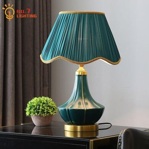American Luxury Classical Table Lamp Led E27 Copper Ceramic Fabric Art Decorative Desk Lights Bedside Household Hotel Background