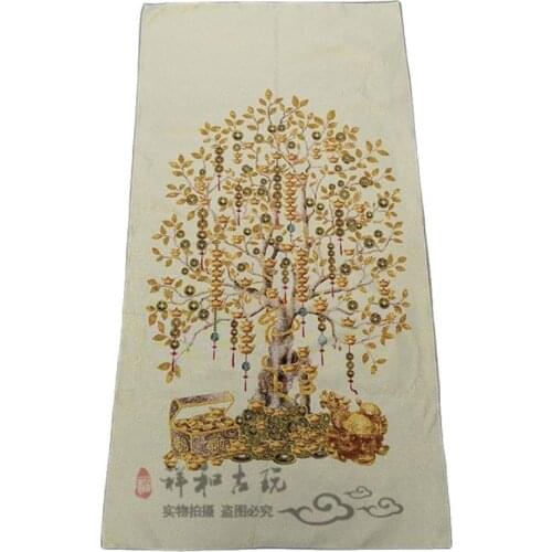 Antique embroidery, brocade painting, living room, bedroom decoration, money shaking tree, silk Thangka