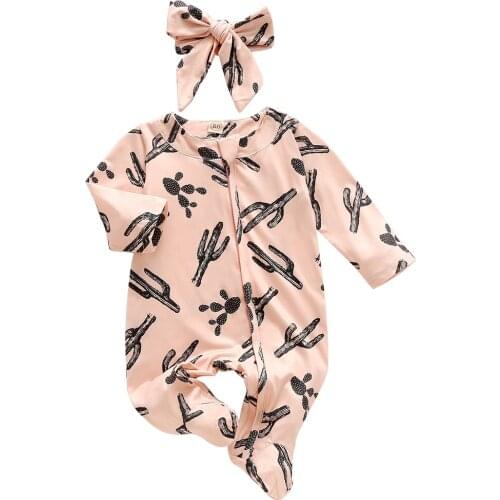 0-6M Newborn Infant Baby Girls Footies Cute Ruffles Long Sleeve Jumpsuit Cactus Donuts Print Autumn Baby Girl Clothes