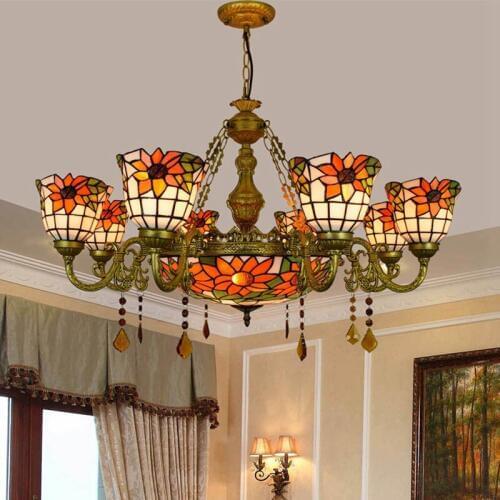 European style coloured glass retro pastoral sunflower coloured lamp 68 remote crystal lighting living room Pendant Lights